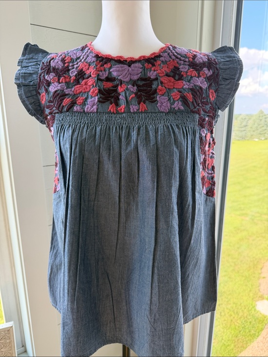 THML Tops - THML Chambray Flutter Sleeve Blouse with Pink & Purple Floral Embroidery